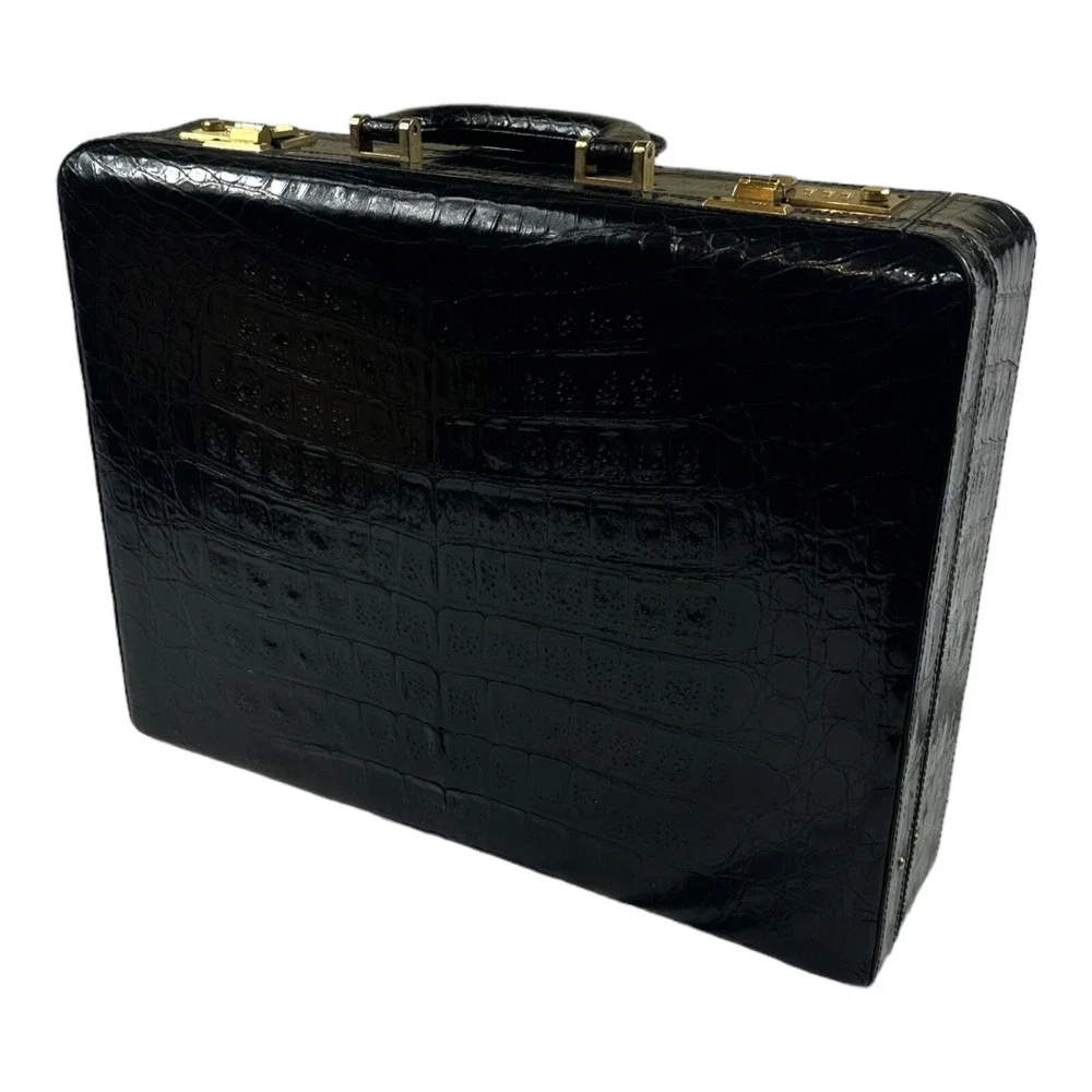 Bally Black Pure Caiman Crocodile‎ Mens Briefcase 16X13X4 Rare Excellent
